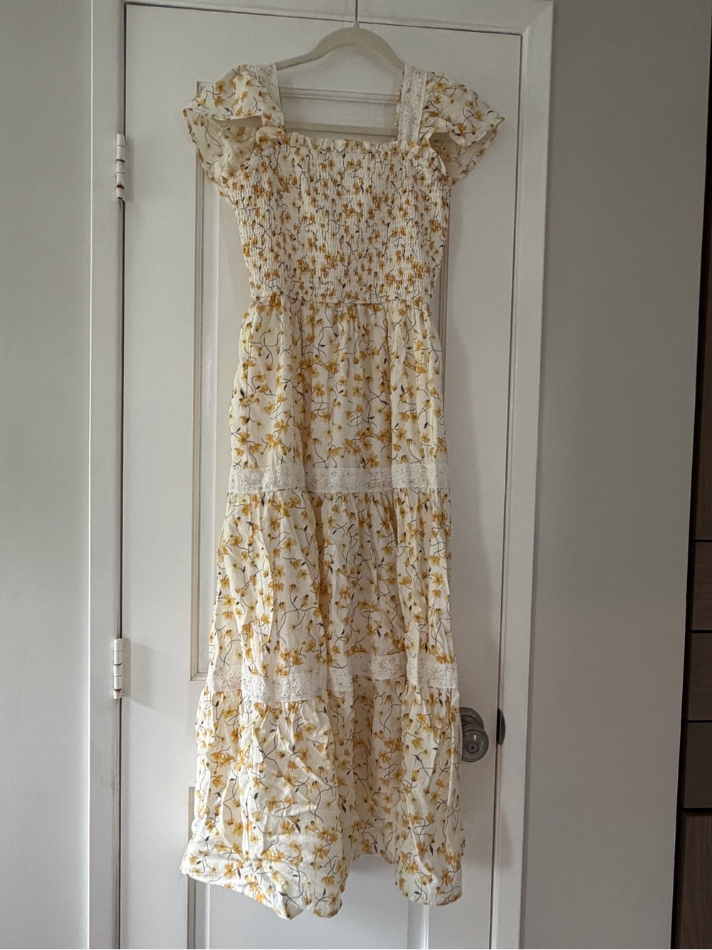 August Sky Smocked Yellow Floral Maxi Dress
